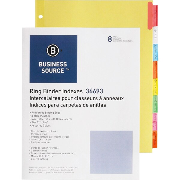 Business Source Ring Binder Indexes, 8 Tabs, Multicolor, 3-Hole Punched, PK50 BSN36693BX - main